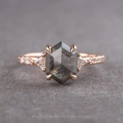 2.06 Carat Black Speckled Hexagon Diamond Engagement Ring, Eliza Setting, 14k Rose Gold