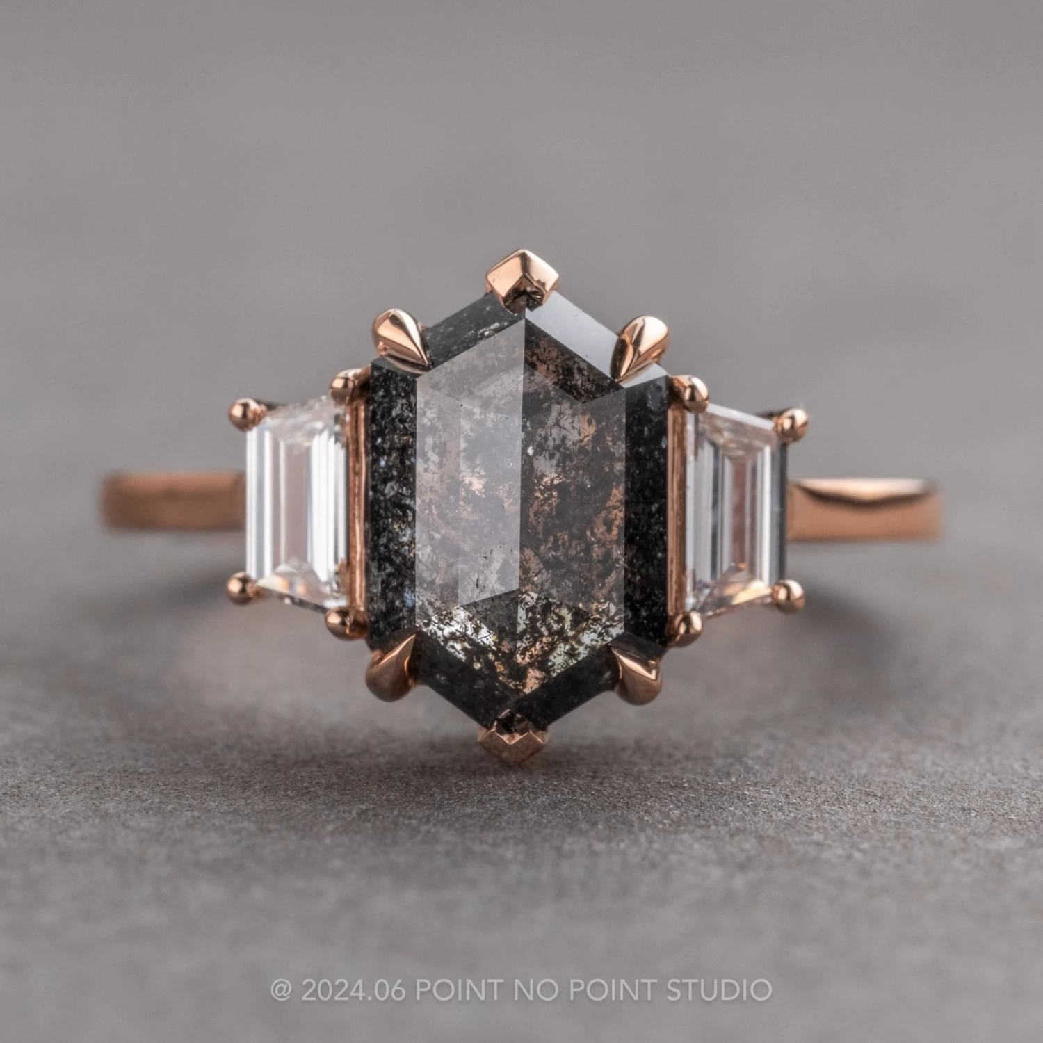 2.18 Carat Black Speckled Hexagon Diamond Engagement Ring, Lea Setting, 14K Rose Gold