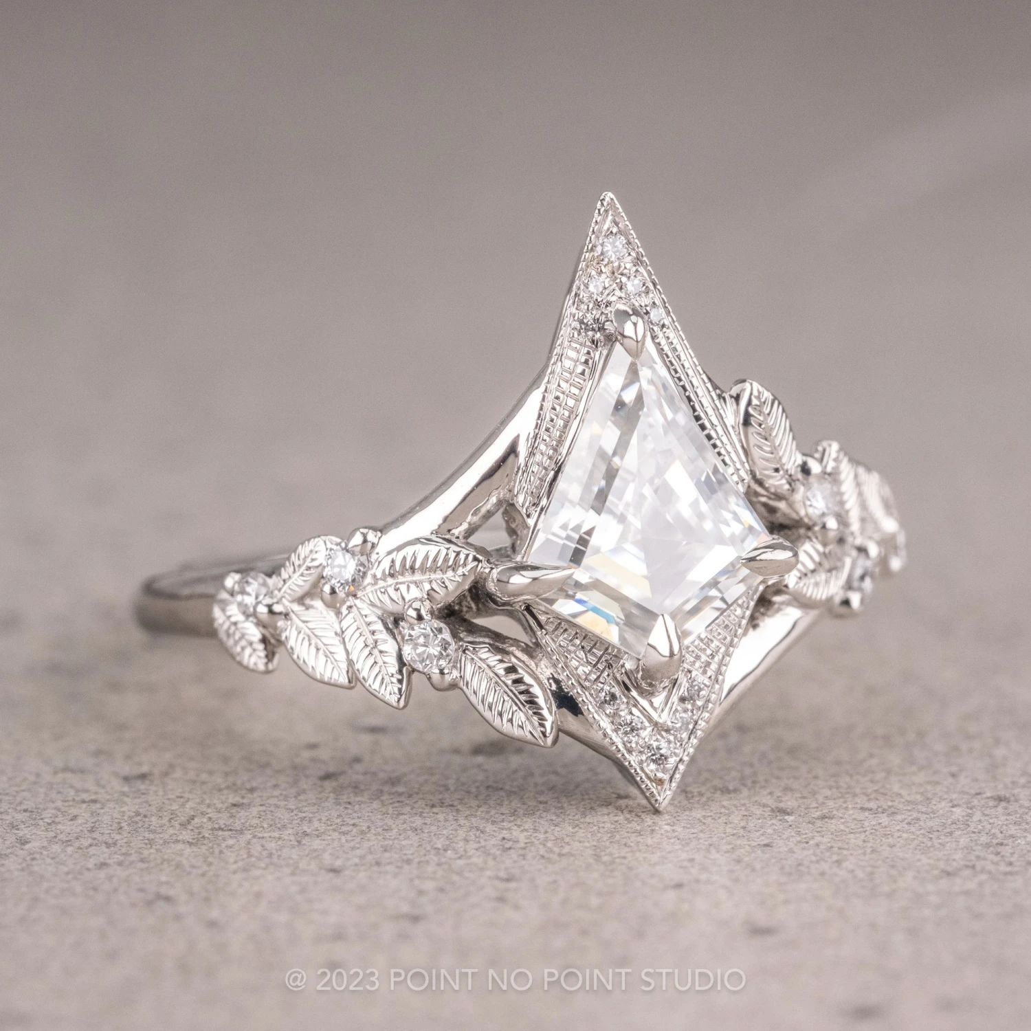 1.07 Carat Kite Moissanite Engagement Ring, Thistle Setting, Platinum - Image 6