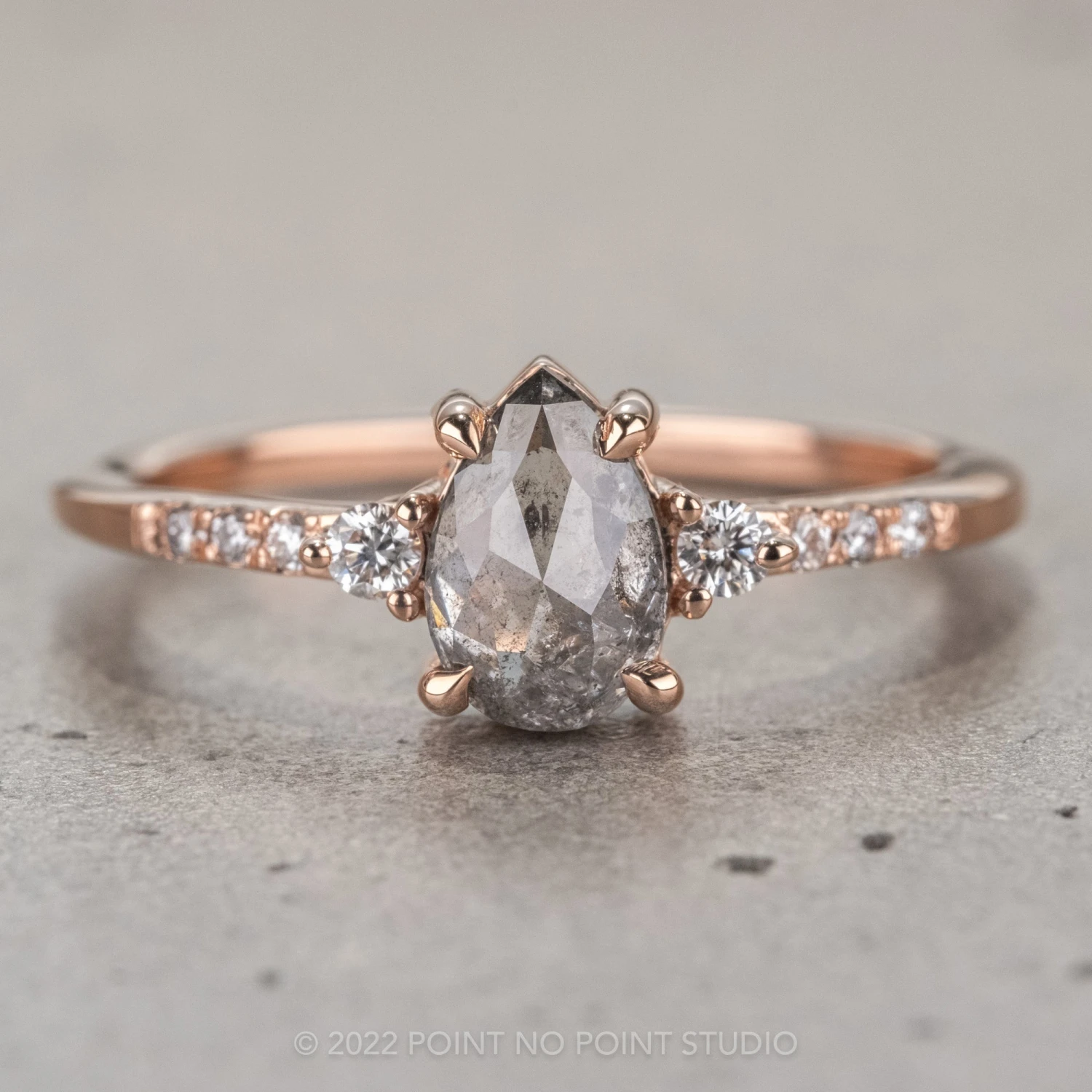 .96 Carat Salt And Pepper Pear Diamond Engagement Ring, Eliza Setting, 14K Rose Gold