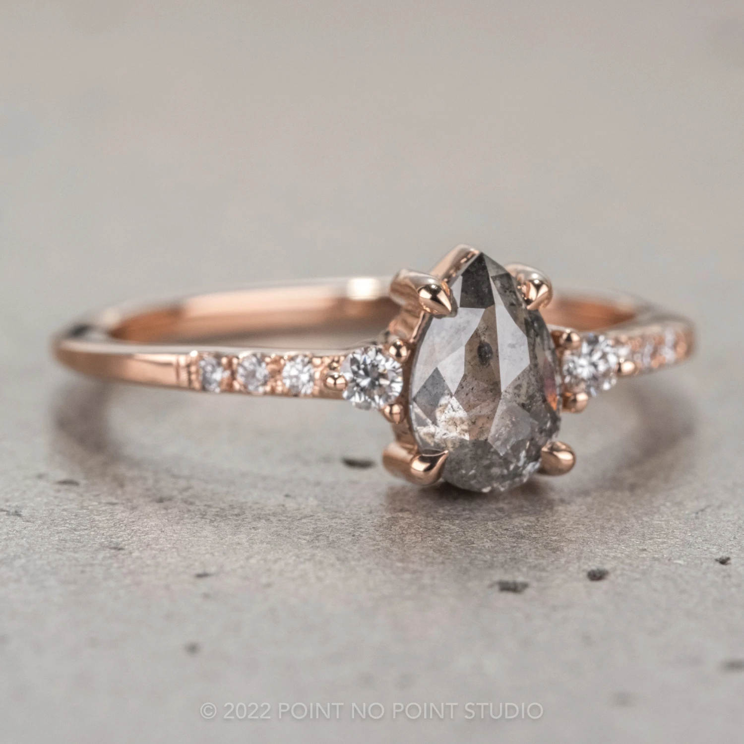 .96 Carat Salt And Pepper Pear Diamond Engagement Ring, Eliza Setting, 14K Rose Gold - Image 5