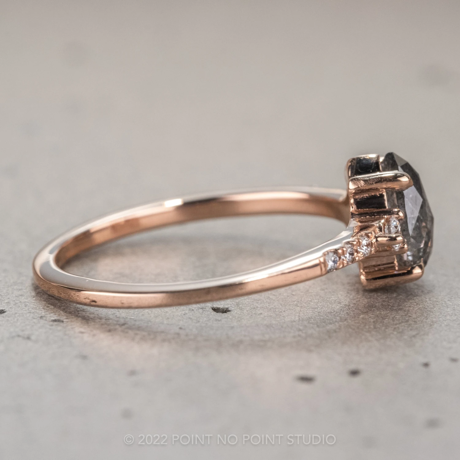 .96 Carat Salt And Pepper Pear Diamond Engagement Ring, Eliza Setting, 14K Rose Gold - Image 6