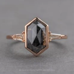 2.67 Carat Black Speckled Hexagon Diamond Engagement Ring, Bezel Zoe Setting, 14k Rose Gold