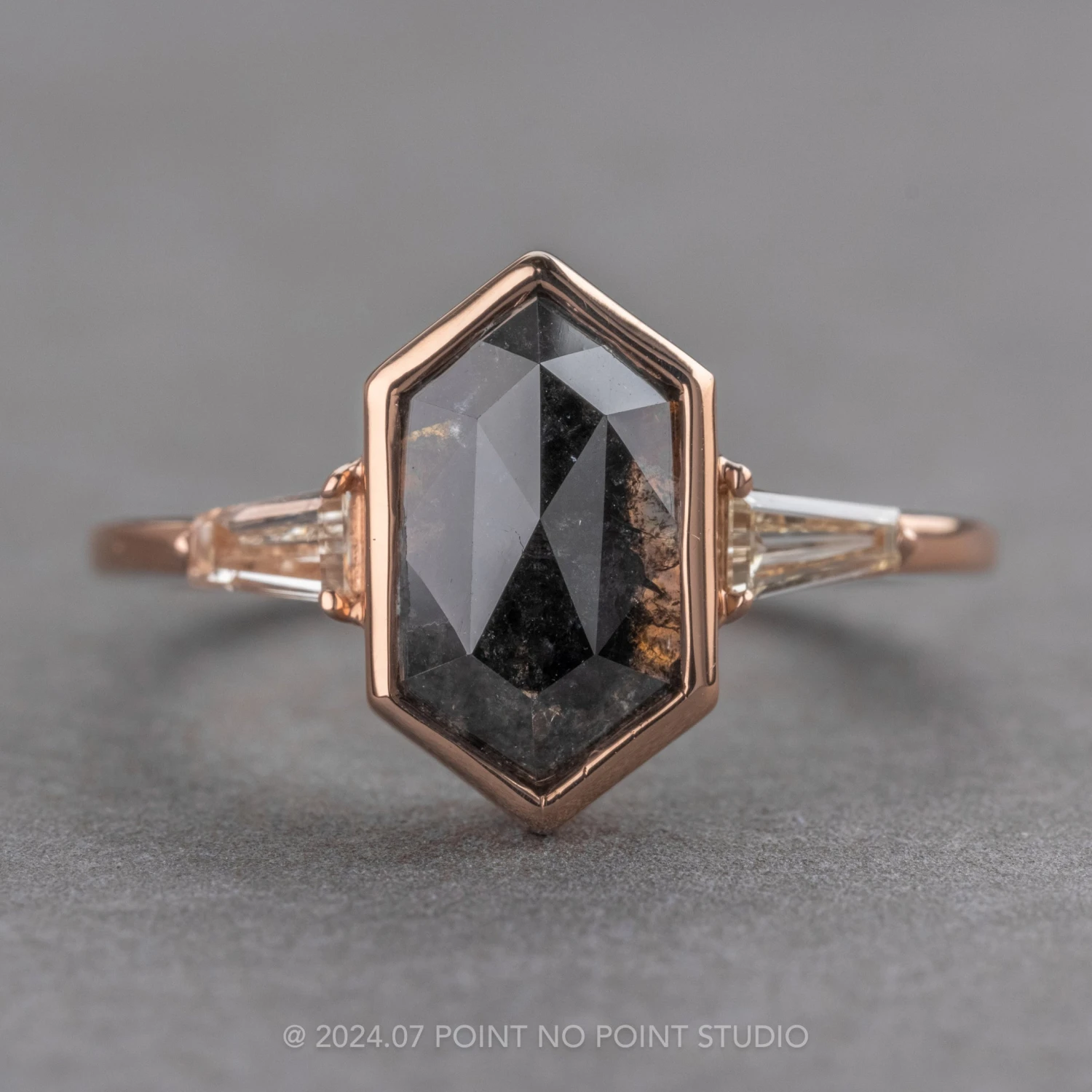 2.67 Carat Black Speckled Hexagon Diamond Engagement Ring, Bezel Zoe Setting, 14k Rose Gold