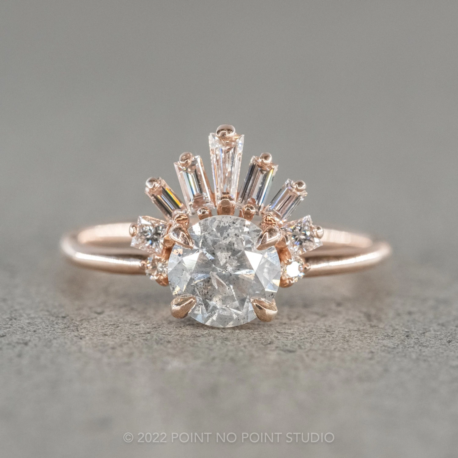 1.56 Carat Salt And Pepper Round Diamond Engagement Ring, Wren Setting, 14K Rose Gold