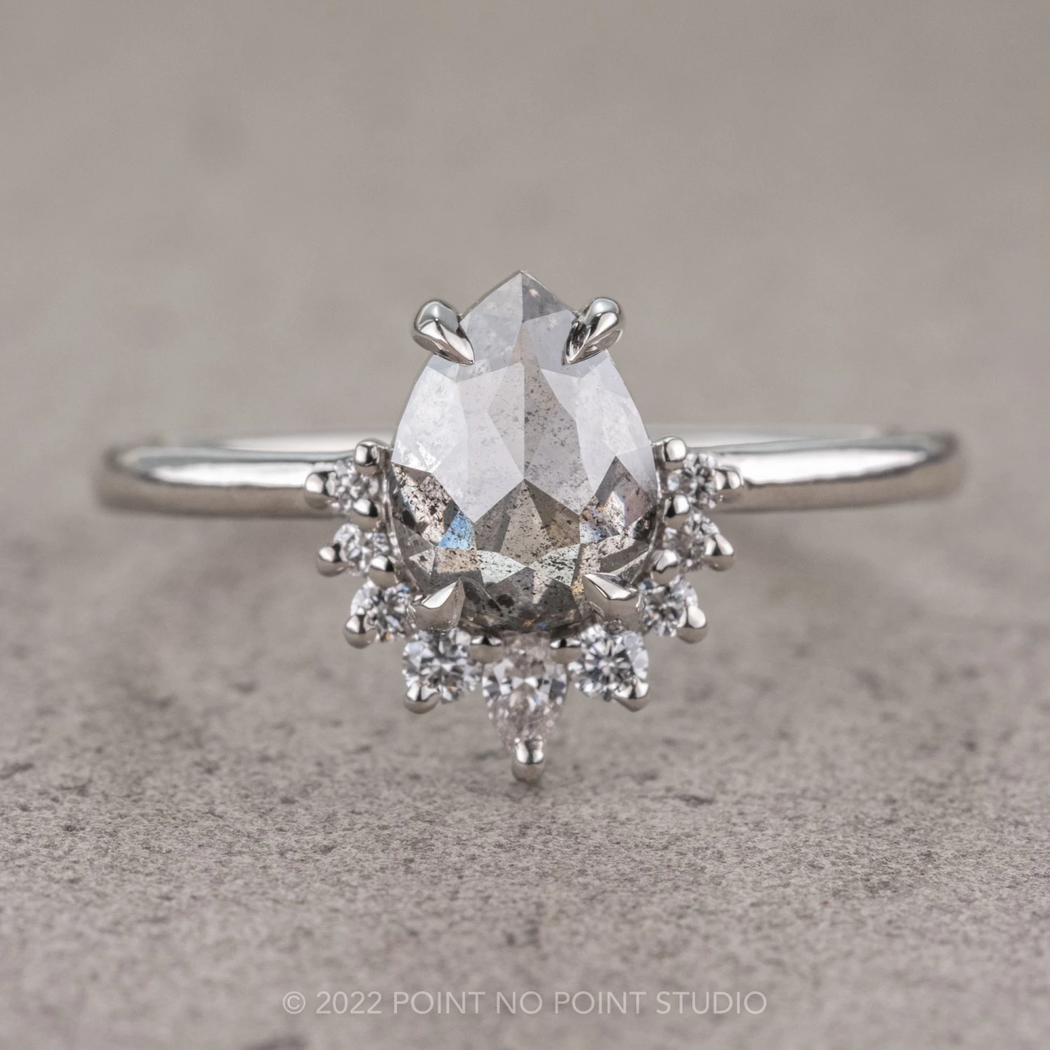 1.67 Carat Salt And Pepper Pear Diamond Engagement Ring, Ava Setting, 14K White Gold