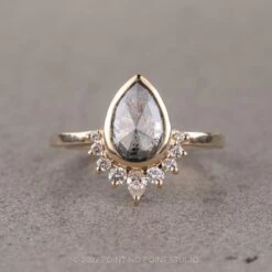 1.18 Carat Salt And Pepper Pear Diamond Engagement Ring, Ava Bezel Setting, 14K Yellow Gold