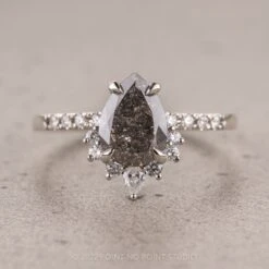 2.10 Carat Black Speckled Pear Diamond Engagement Ring, Avaline Setting, 14K White Gold
