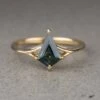 1.32 Carat Teal Kite Sapphire Engagement Ring, Split Shank Jane Setting, 14K Yellow Gold
