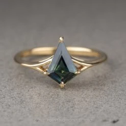 1.32 Carat Teal Kite Sapphire Engagement Ring, Split Shank Jane Setting, 14K Yellow Gold