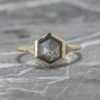 1.58 Carat Black Speckled Hexagon Diamond Engagement Ring, Bezel Zoe Setting, 14K Yellow Gold