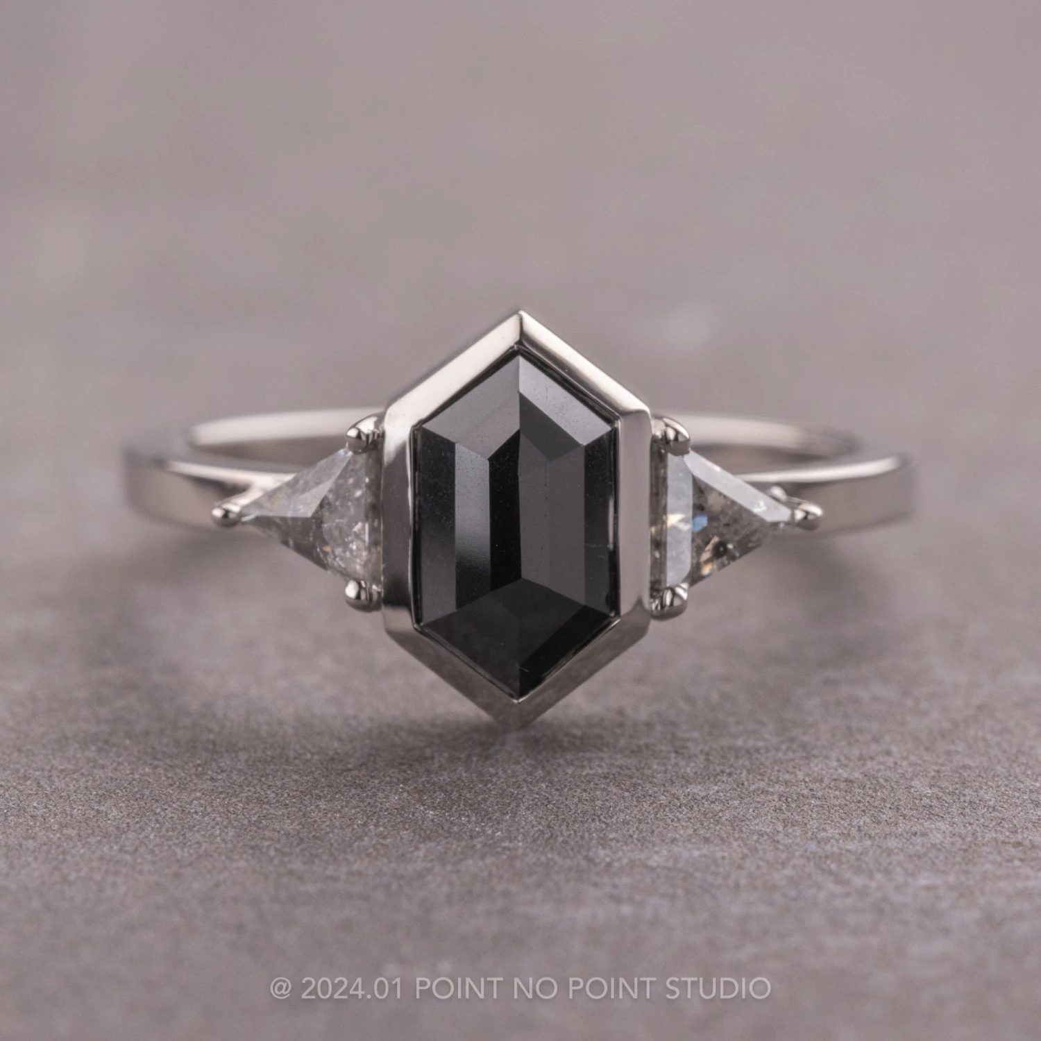 2 Carat Black Hexagon Diamond Engagement Ring, Bezel Zoe Setting, 14k White Gold