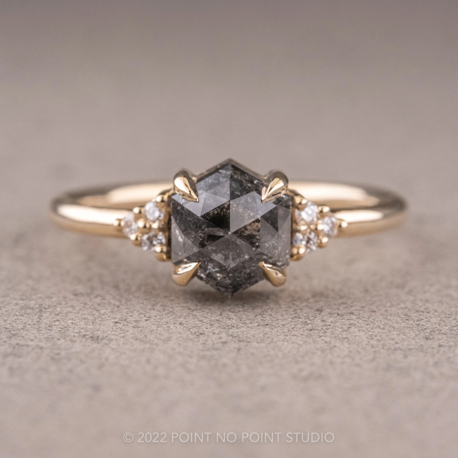 1.17 Carat Salt And Pepper Hexagon Engagement Ring, Quinn Setting, 14k Yellow Gold