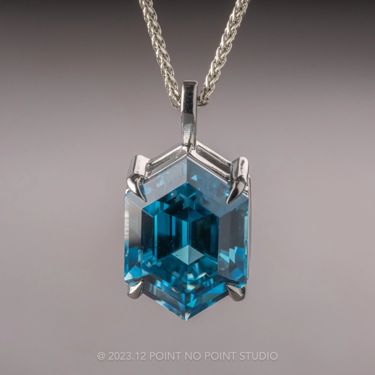 4.99 Carat Blue Hexagon Zircon Necklace, 14k White Gold