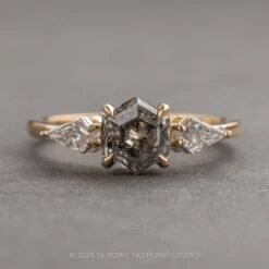 1.52 Carat Canadian Salt And Pepper Hexagon Diamond Engagement Ring, Lea Setting, 14k Yellow Gold