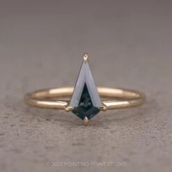 1.66 Carat Teal Kite Sapphire Engagement Ring, Basket Jane Setting, 14K Yellow Gold