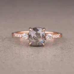 1.26 Carat Salt And Pepper Cushion Diamond Engagement Ring, Eliza Setting, 14K Rose Gold