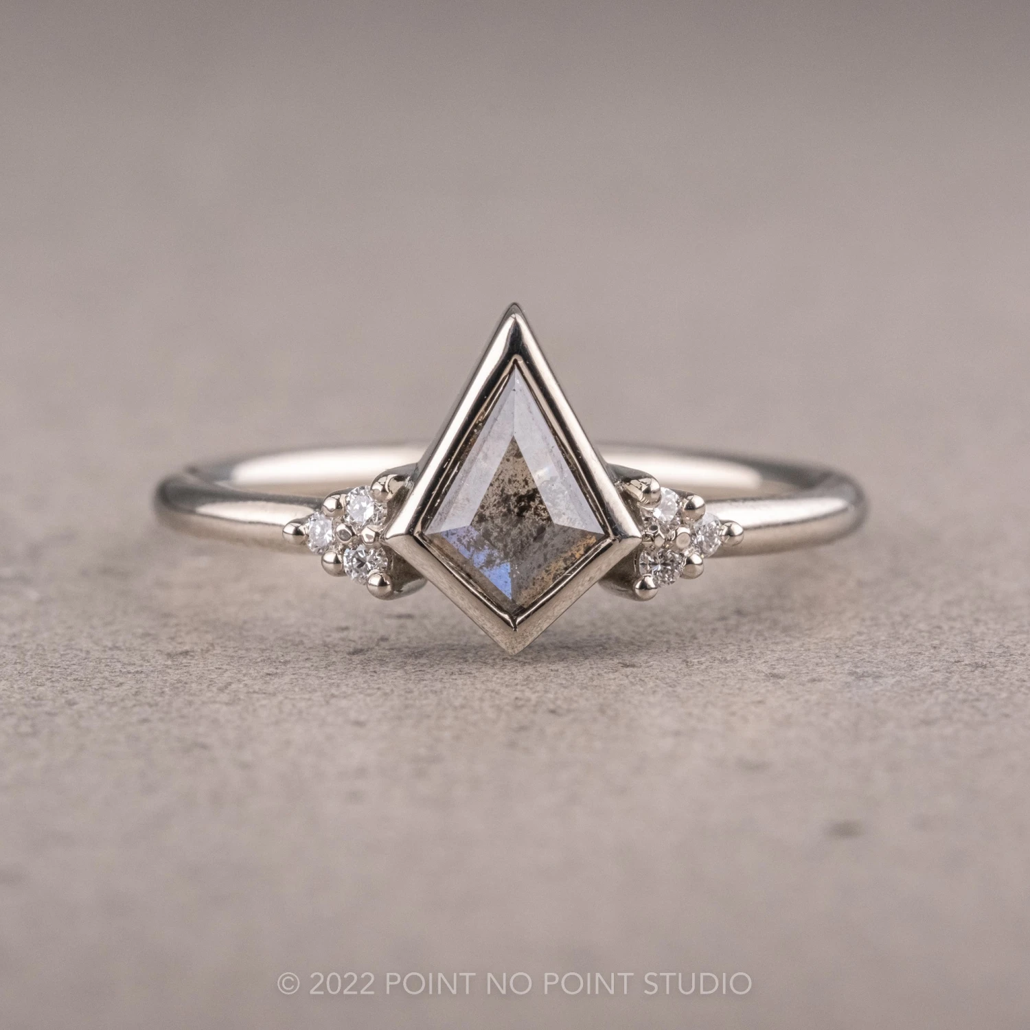 .60 Carat Salt And Pepper Kite Diamond Engagement Ring, Quinn Setting, 14k White Gold