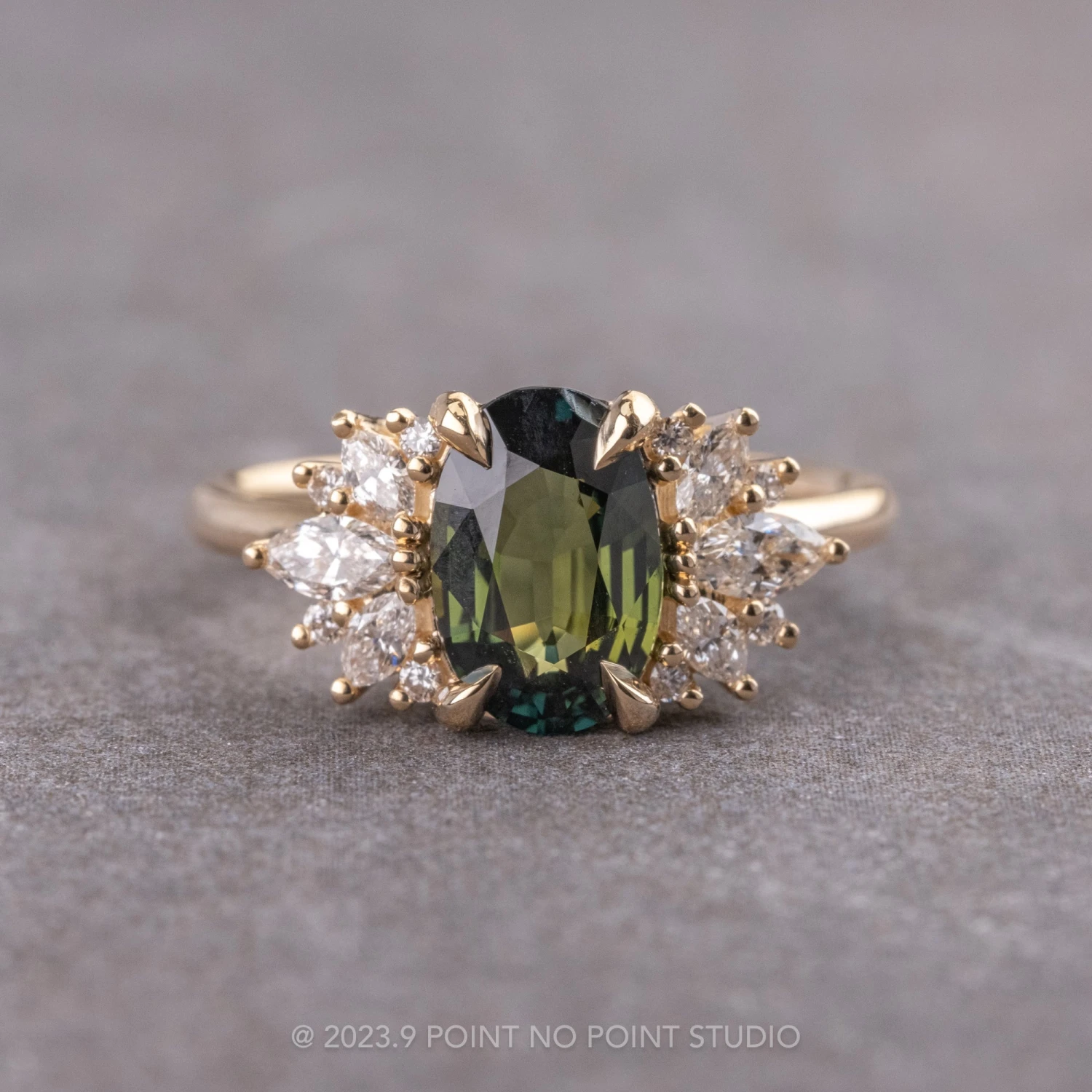 2.06 Carat Green Oval Sapphire And Diamond Engagement Ring, Monarch Setting, 14K Yellow Gold