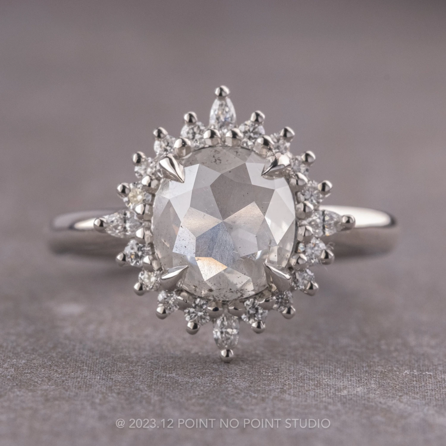 1.37 Carat Icy Salt And Pepper Cushion Diamond Engagement Ring, Cosette Setting, Platinum