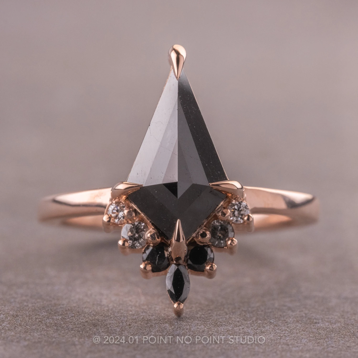 1.33 Carat Black Kite Diamond Engagement Ring, Ombre Ava Setting, 14K Rose Gold