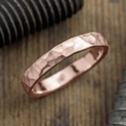 4mm 14k Rose Gold Mens Wedding Band, Hammered Matte