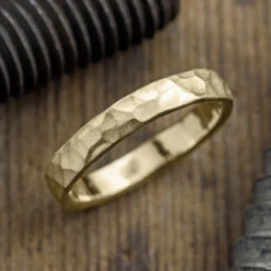 4mm 14k Yellow Gold Mens Wedding Ring, Hammered Matte