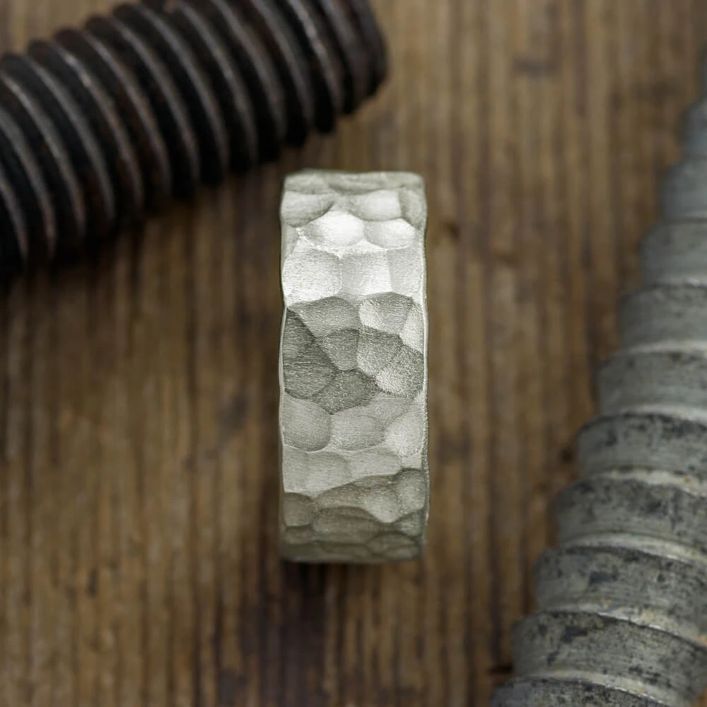 8mm 14k White Gold Hammered Mens Wedding Band, Matte Finish - Image 3