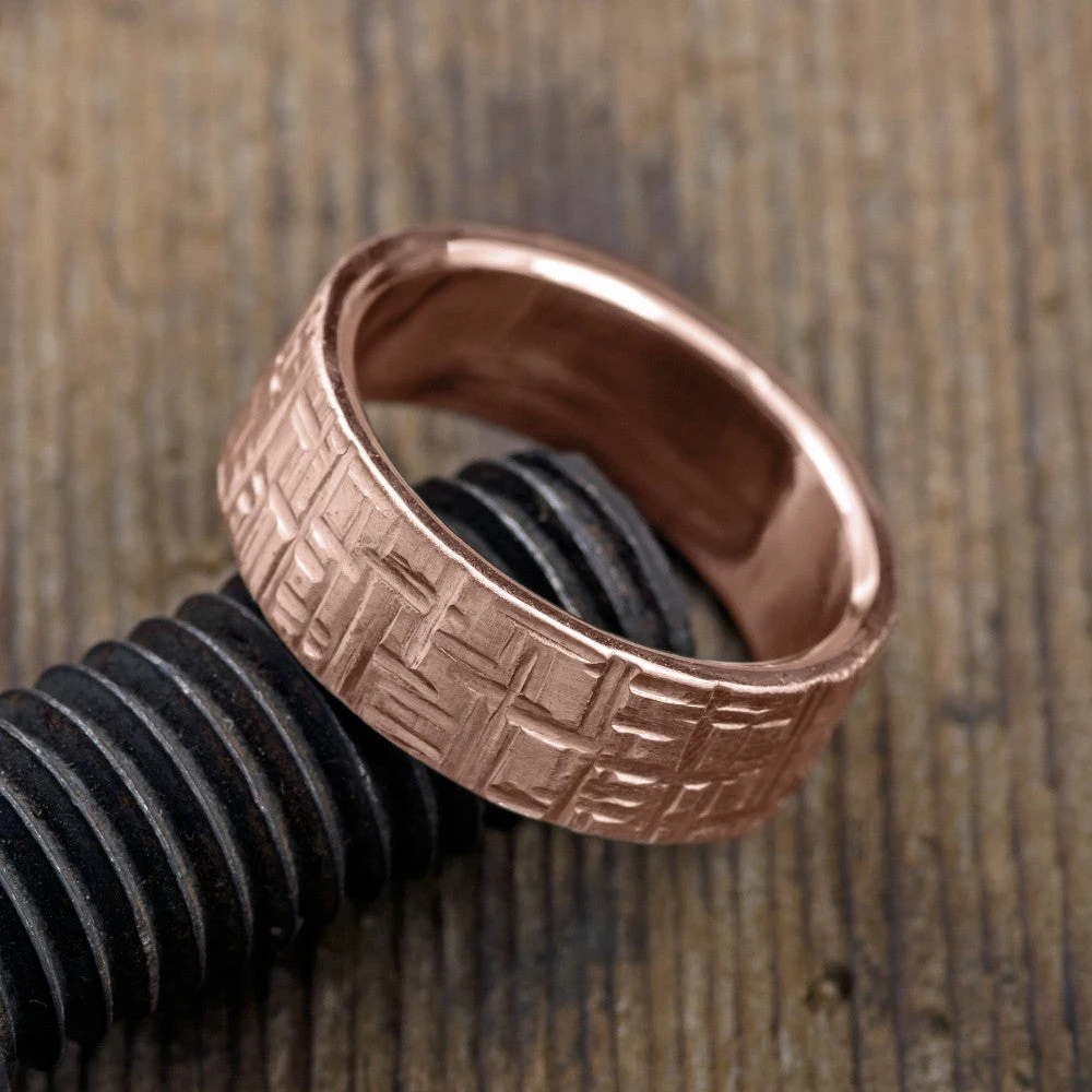 8mm 14K Rose Gold Textured Mens Wedding Band, Matte Finish - Image 4