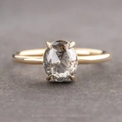 2.29 Carat Salt And Pepper Oval Diamond Engagement Ring, Jade Setting, 14K Yellow Gold