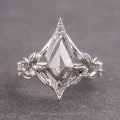 2.86 Carat Salt And Pepper Kite Diamond And Peridot Engagement Ring, Leaf Arwen Setting, Platinum