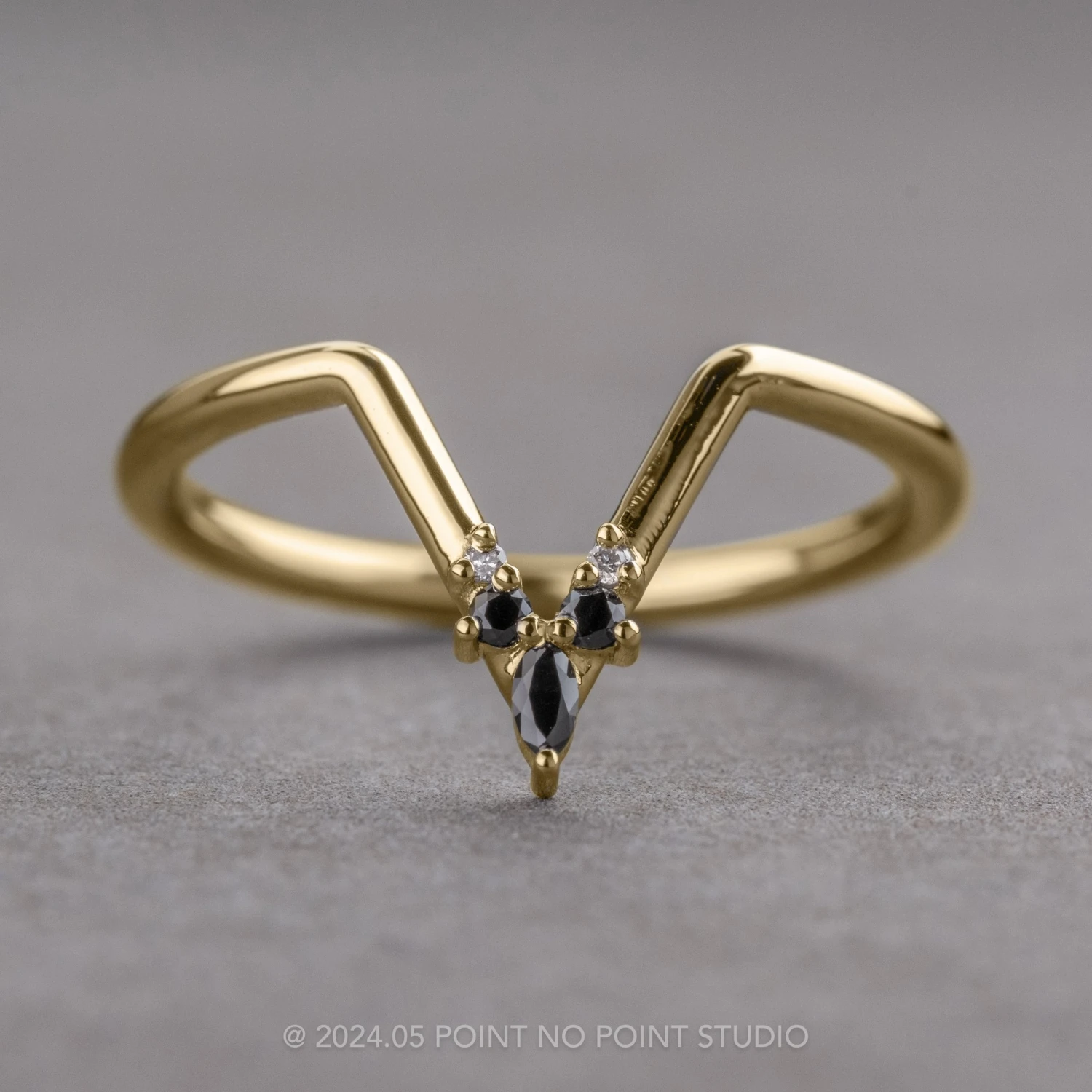 White And Black Diamond Wedding Band, Freya Setting, 14K Yellow Gold