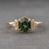 1.32 Carat Teal Hexagon Sapphire And Diamond Engagement Ring, Vintage Charlotte Setting, 14k Yellow Gold