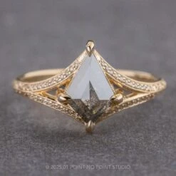 1.74 Carat Black Speckled Kite Diamond Engagement Ring, Engraved Mackenzie Setting, 14k Yellow Gold