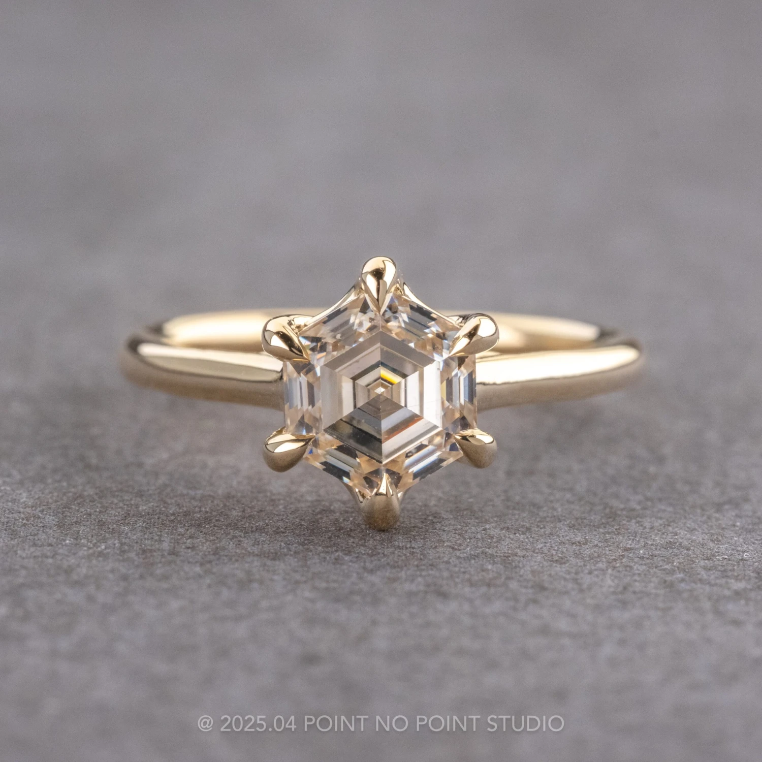 2.02 Carat Hexagon Moissanite Engagement Ring, Madeline Setting, 14k Yellow Gold