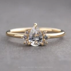 1.04 Carat White Pear Sapphire Engagement Ring, Charlotte Setting, 14k Yellow Gold