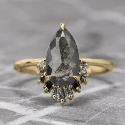 1.29 Carat Black Speckled Pear Diamond Engagement Ring, Ombre Wren Setting, 14K Yellow Gold