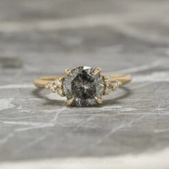 1.95 Carat Black Speckled Round Diamond Engagement Ring, Quinn Setting, 14K Yellow Gold