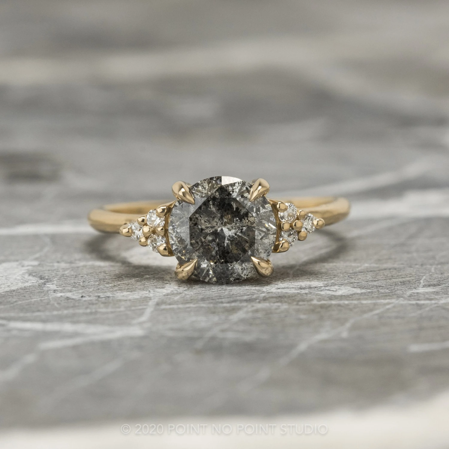 1.95 Carat Black Speckled Round Diamond Engagement Ring, Quinn Setting, 14K Yellow Gold
