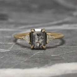 1.52 Carat Salt And Pepper Emerald Shaped Diamond Engagement Ring, Zoe Setting, 14K Yellow Gold