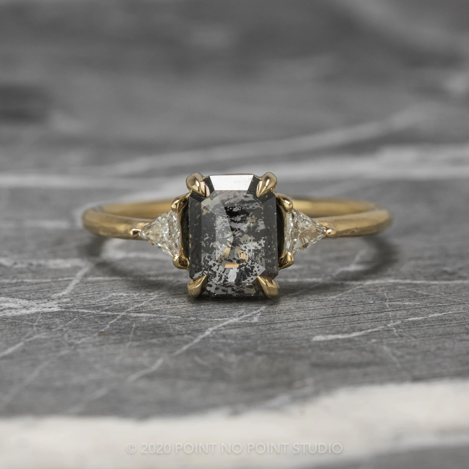 1.52 Carat Salt And Pepper Emerald Shaped Diamond Engagement Ring, Zoe Setting, 14K Yellow Gold