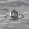 1.58 Carat Black Speckled Hexagon Diamond Engagement Ring, Bezel Zoe Setting, 14K White Gold