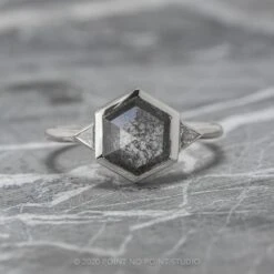 1.58 Carat Black Speckled Hexagon Diamond Engagement Ring, Bezel Zoe Setting, 14K White Gold