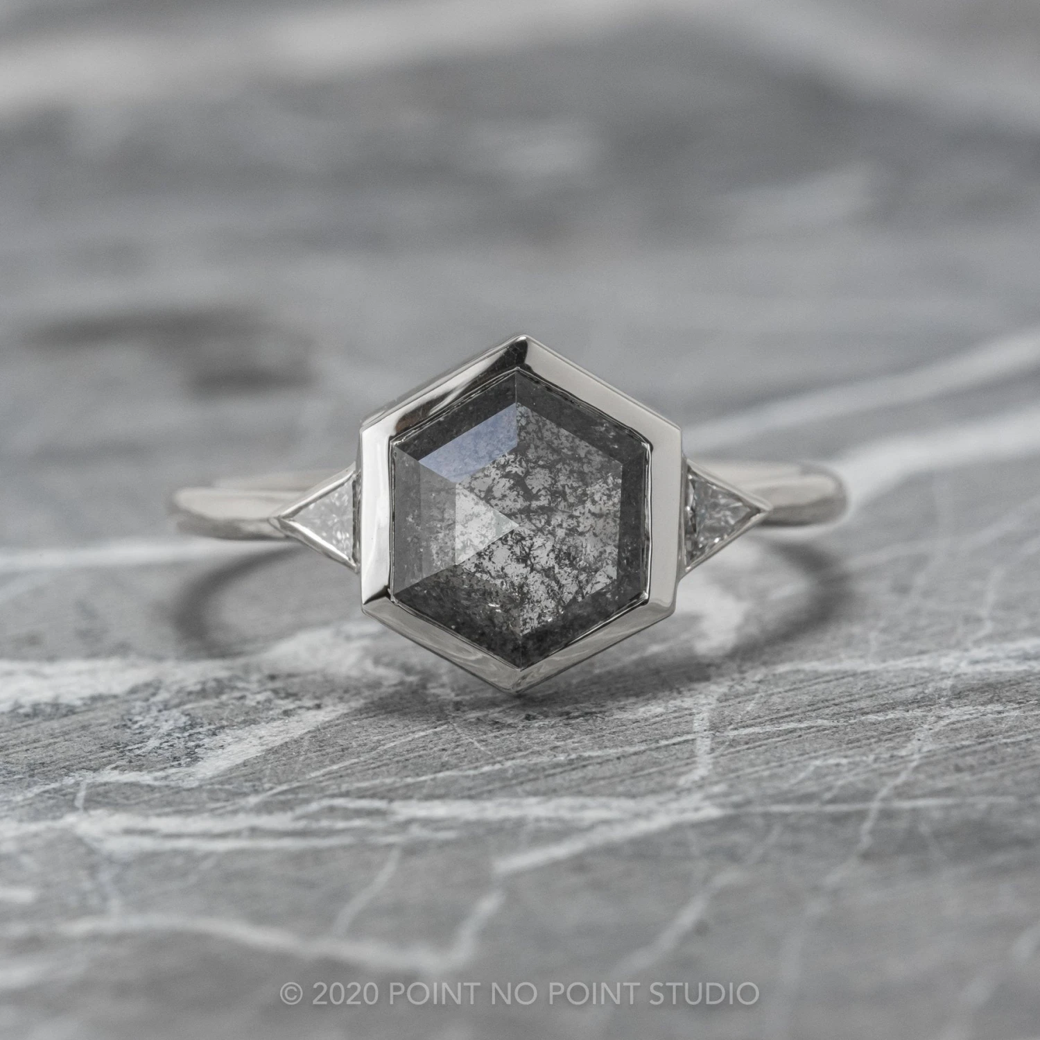 1.58 Carat Black Speckled Hexagon Diamond Engagement Ring, Bezel Zoe Setting, 14K White Gold