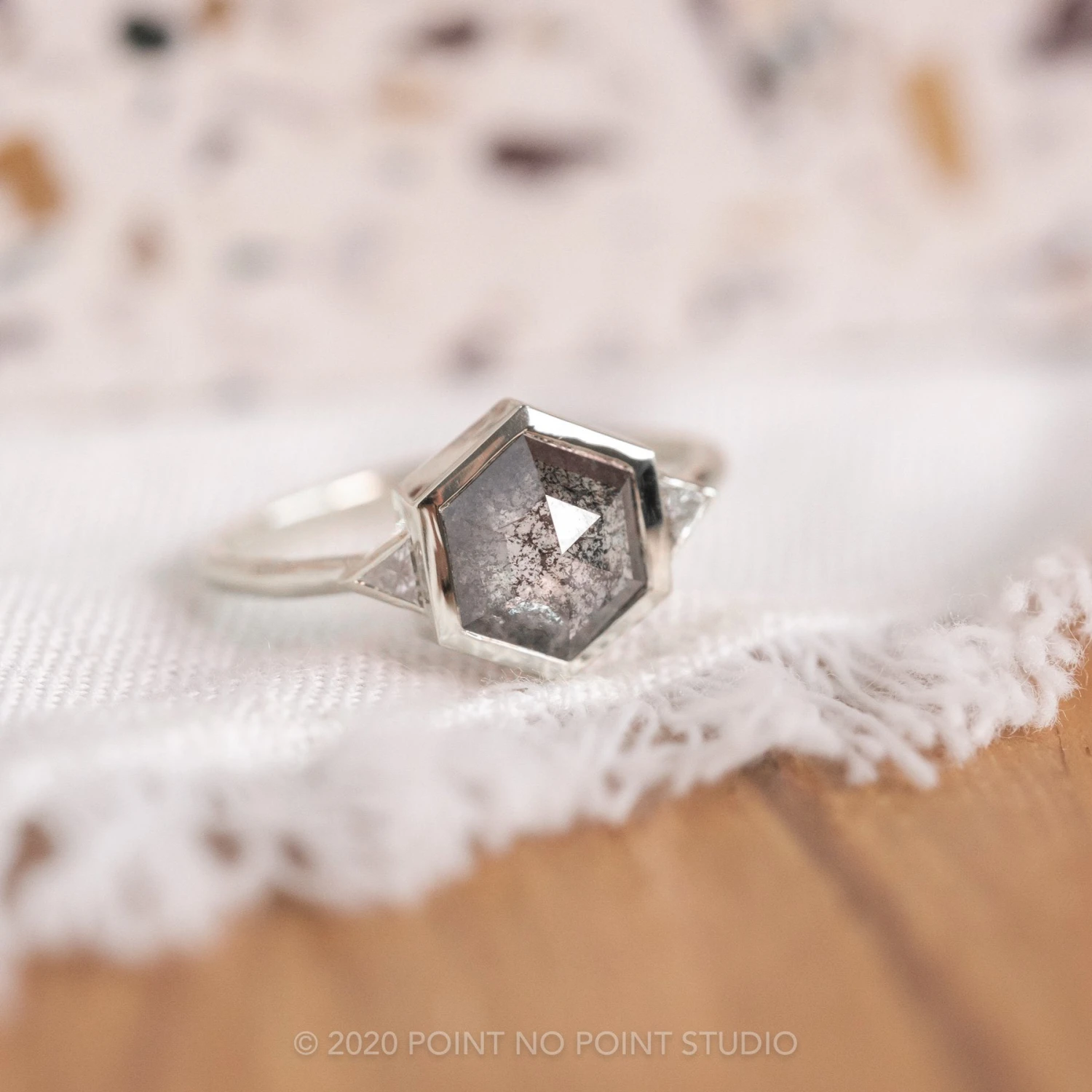 1.58 Carat Black Speckled Hexagon Diamond Engagement Ring, Bezel Zoe Setting, 14K White Gold - Image 4