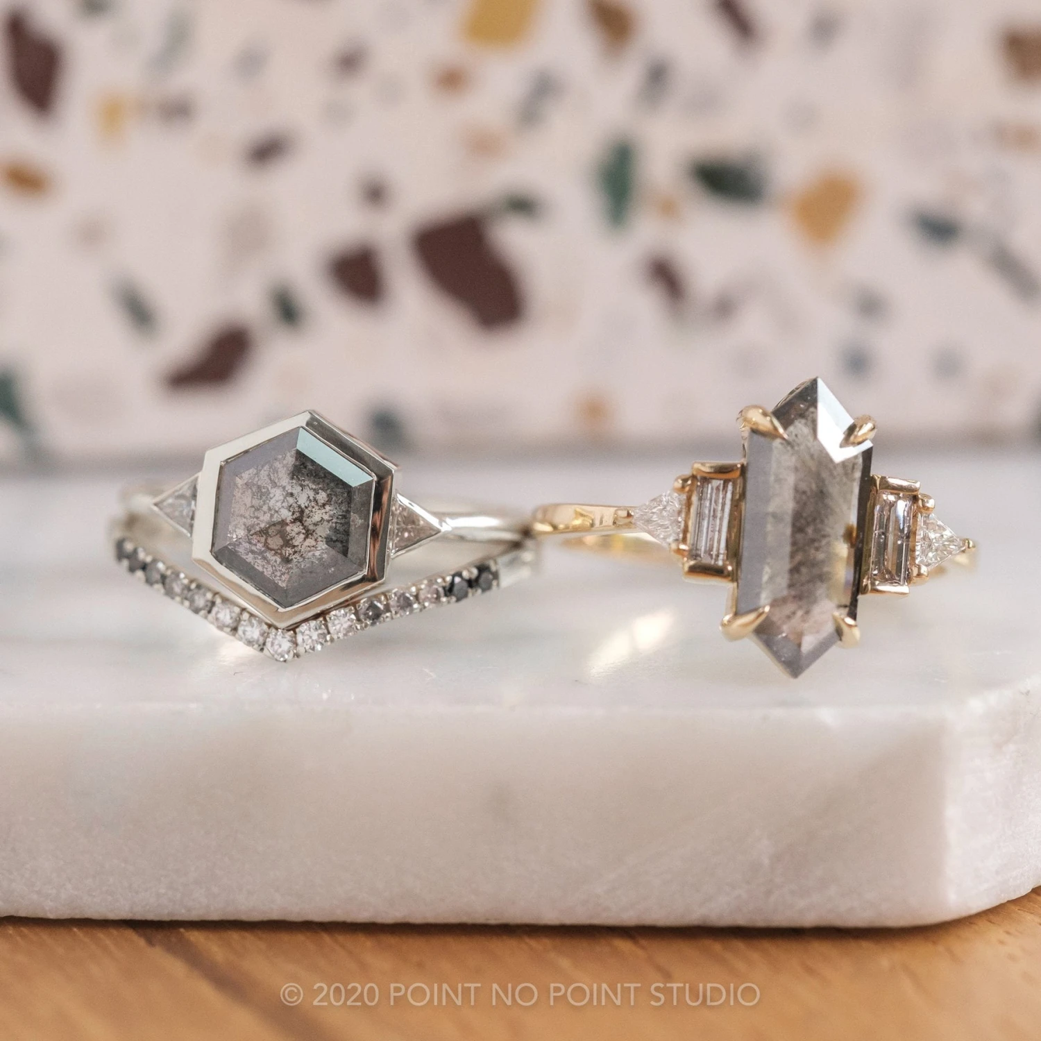 1.58 Carat Black Speckled Hexagon Diamond Engagement Ring, Bezel Zoe Setting, 14K White Gold - Image 5