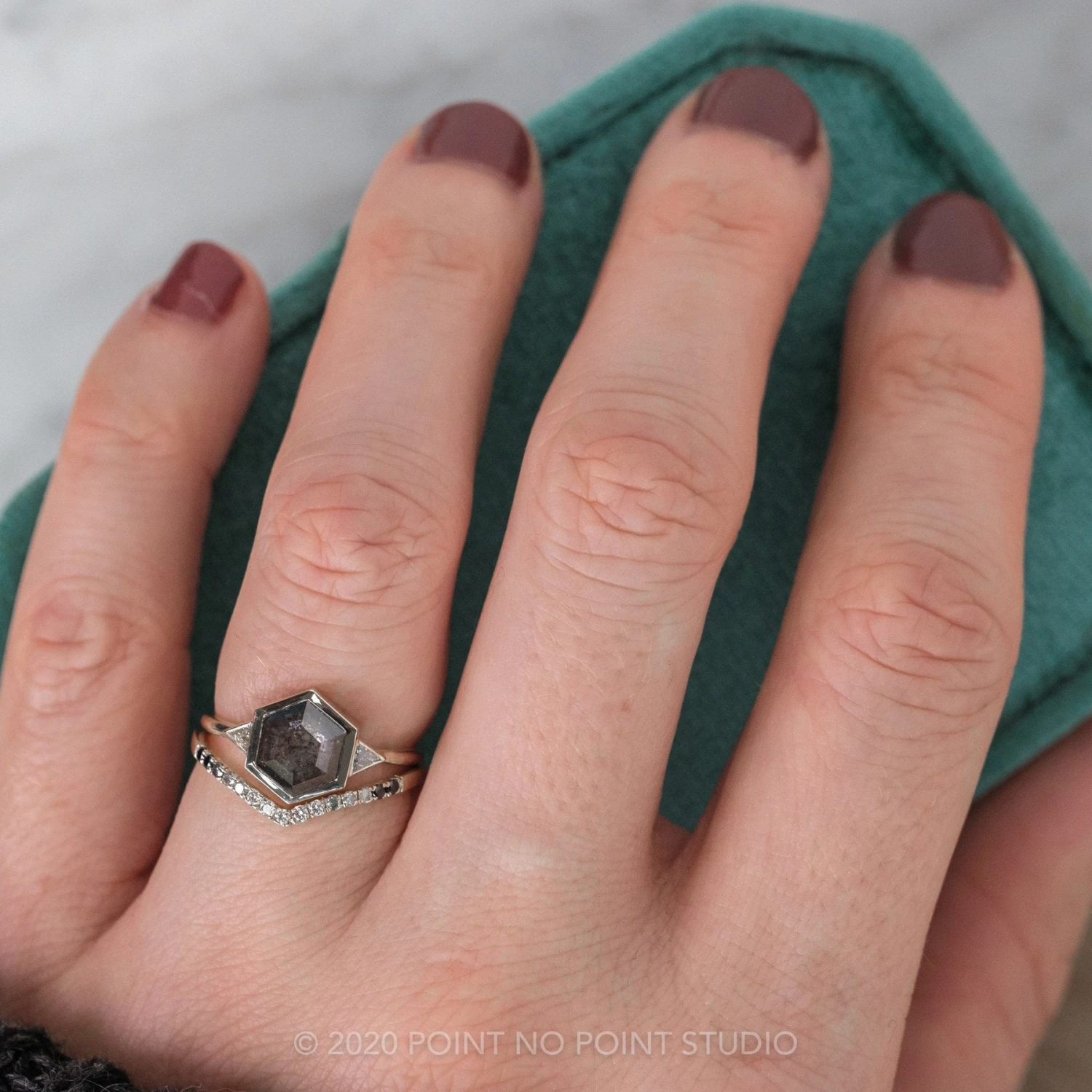 1.58 Carat Black Speckled Hexagon Diamond Engagement Ring, Bezel Zoe Setting, 14K White Gold - Image 2