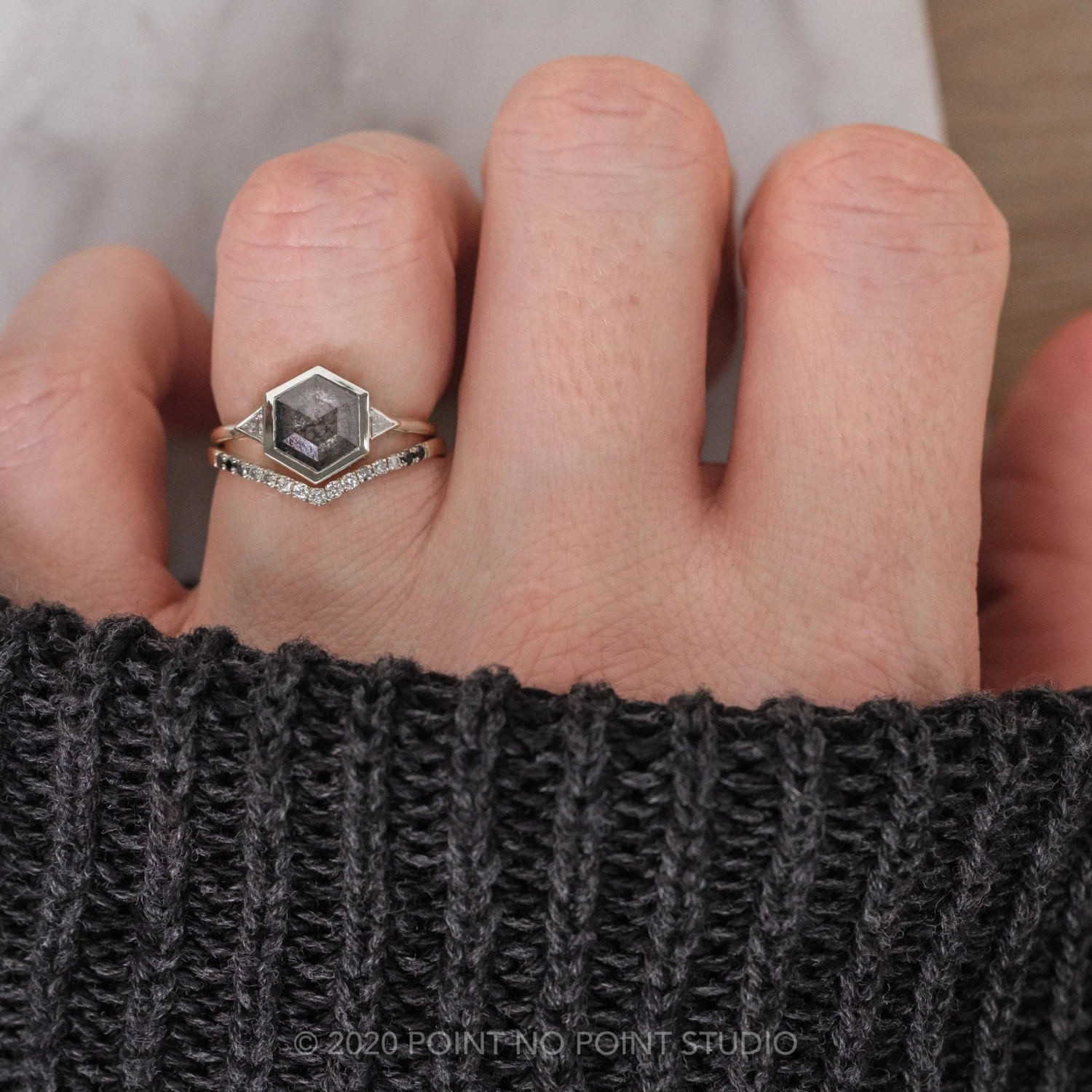 1.58 Carat Black Speckled Hexagon Diamond Engagement Ring, Bezel Zoe Setting, 14K White Gold - Image 3