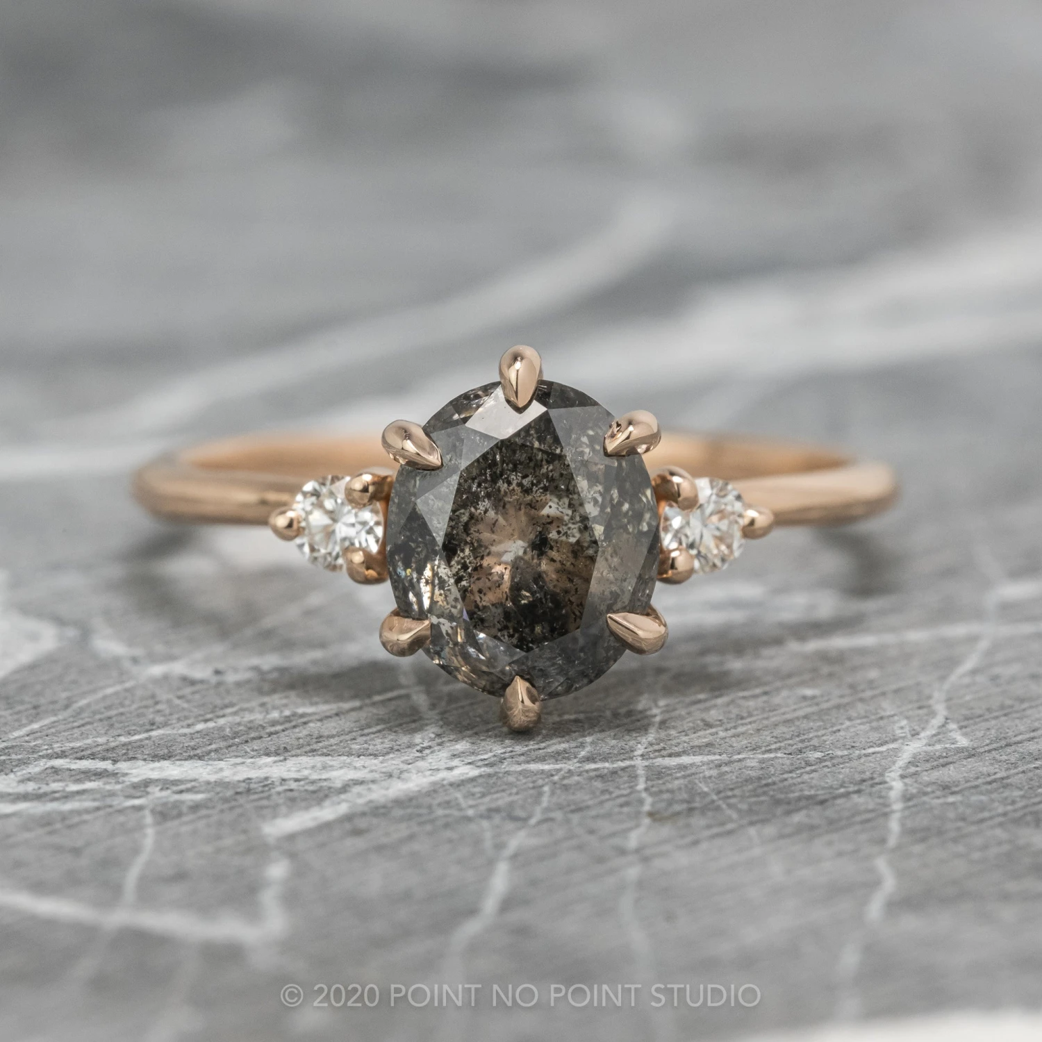 2.22 Carat Black Speckled Oval Diamond Engagement Ring, Madison Setting, 14k Rose Gold