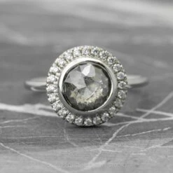 2.04 Carat Salt And Pepper Round Diamond Engagement Ring, Bezel Halo Setting, 14k White Gold